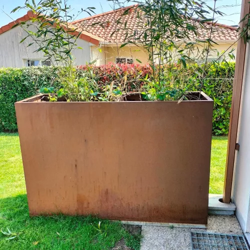 Jardin avec un grand bac en métal Corten et des plantes luxuriantes