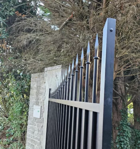 Portail noir à battant, design élégant avec barreaux métalliques