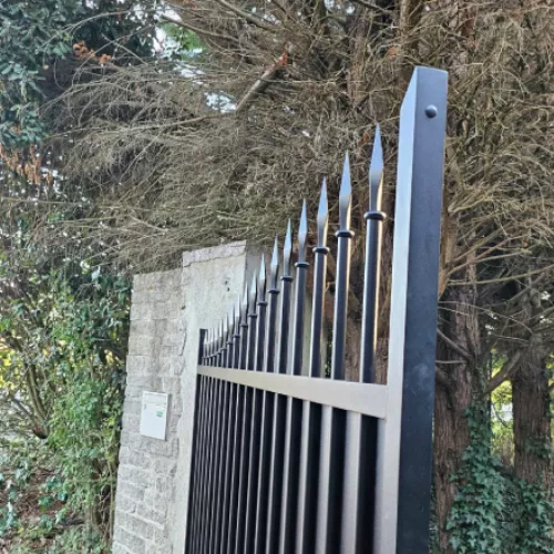 Portail noir à battant, design élégant avec barreaux métalliques